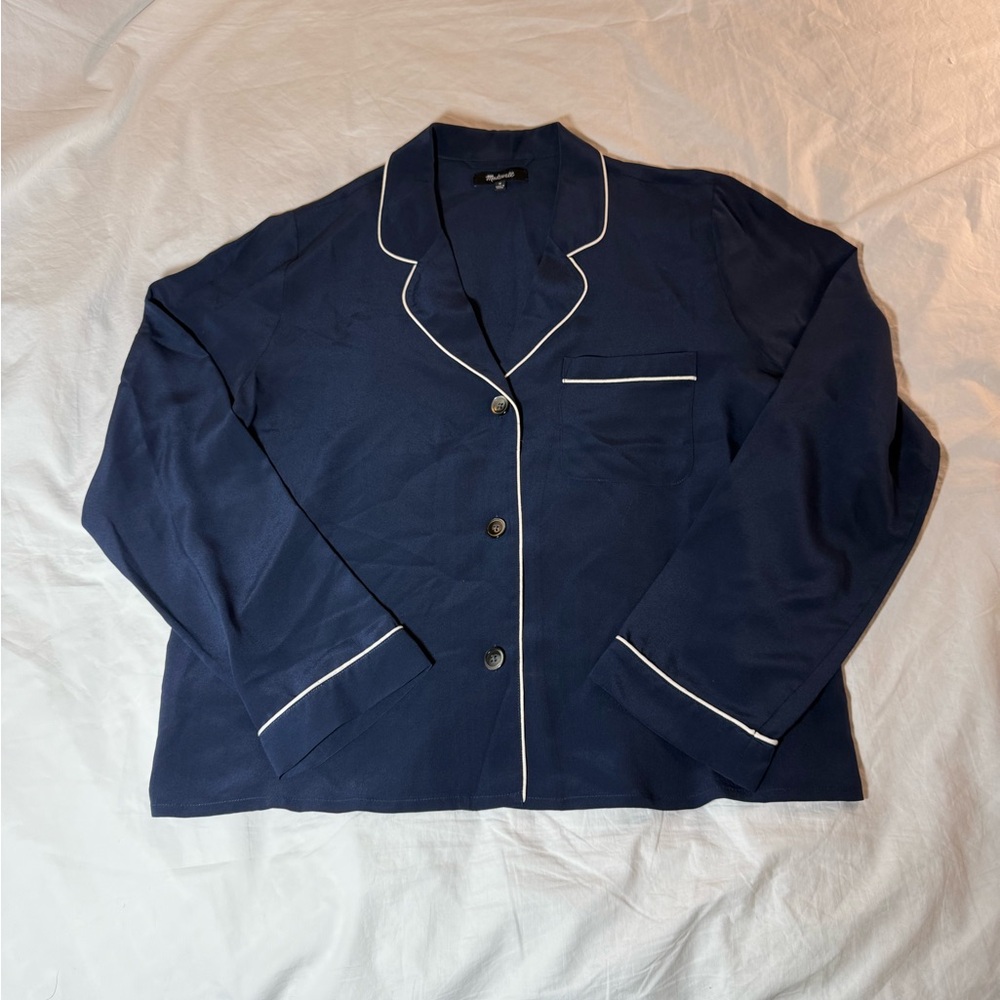 Madewell Midnight Blue Silk Pajama Top with Ivory Piping